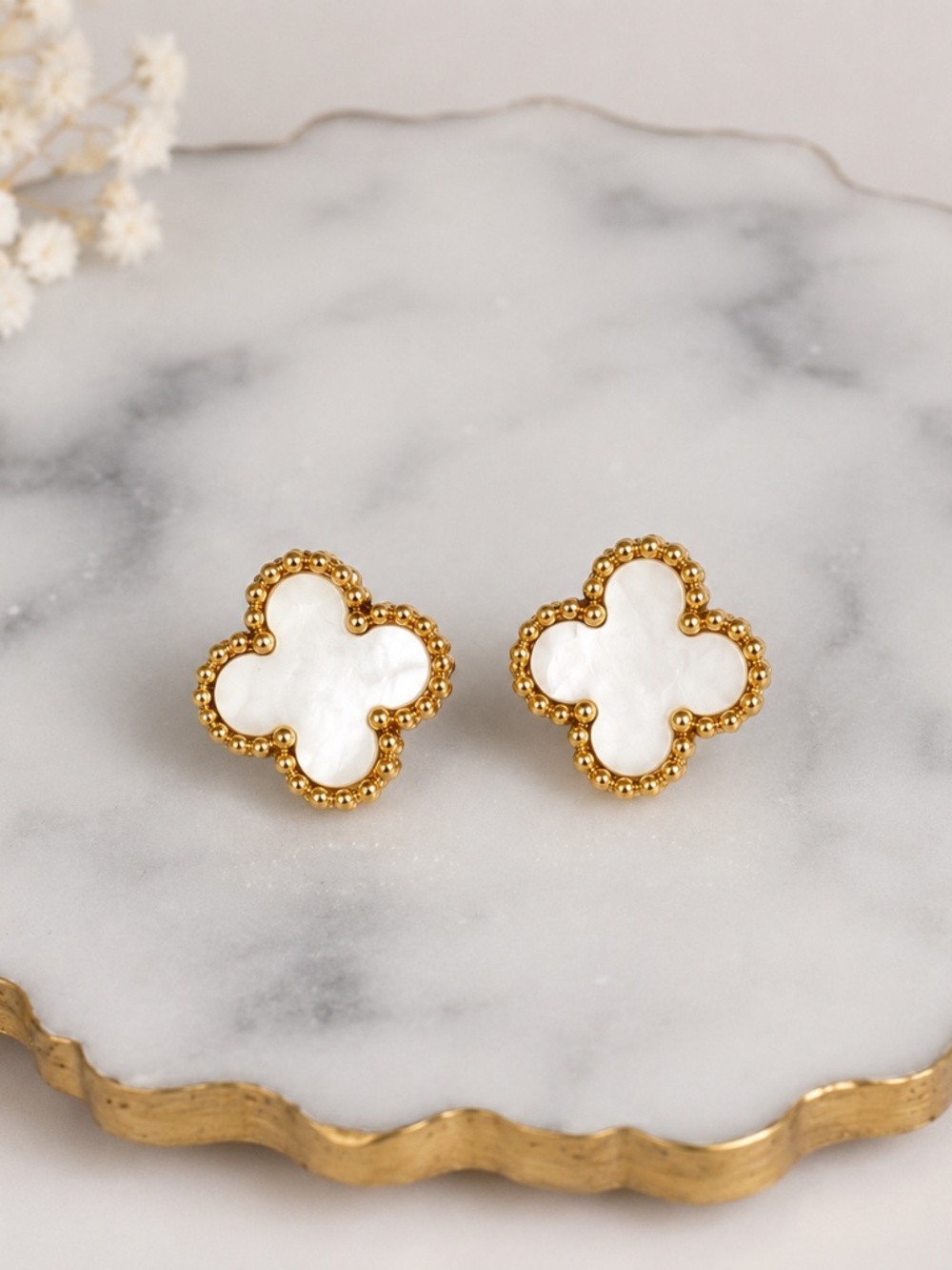 Gold Clover Stainless Steel Stud Earrings White Pearl Style Boutique Jewelry